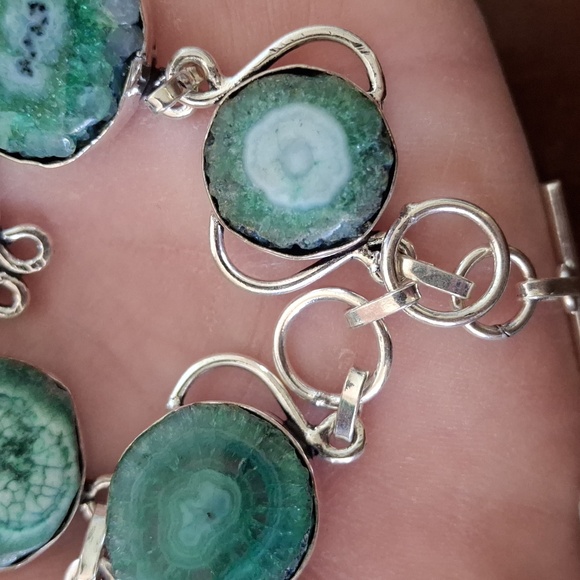 New Green Solar Slice Agate Geode 925 Silver Bracelet. - Picture 8 of 10
